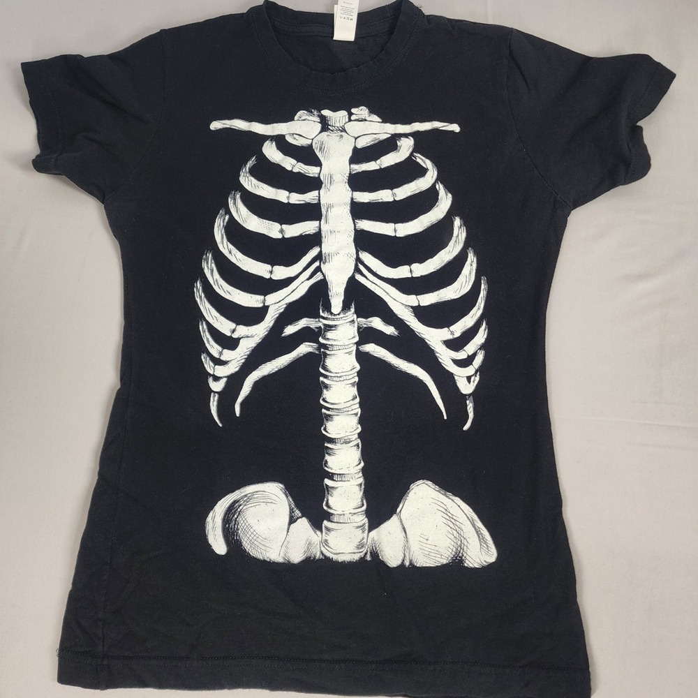 Tultex Skeleton Rib Cage Graphic T-Shirt Womens Size M Black Excellent Goth Tee
